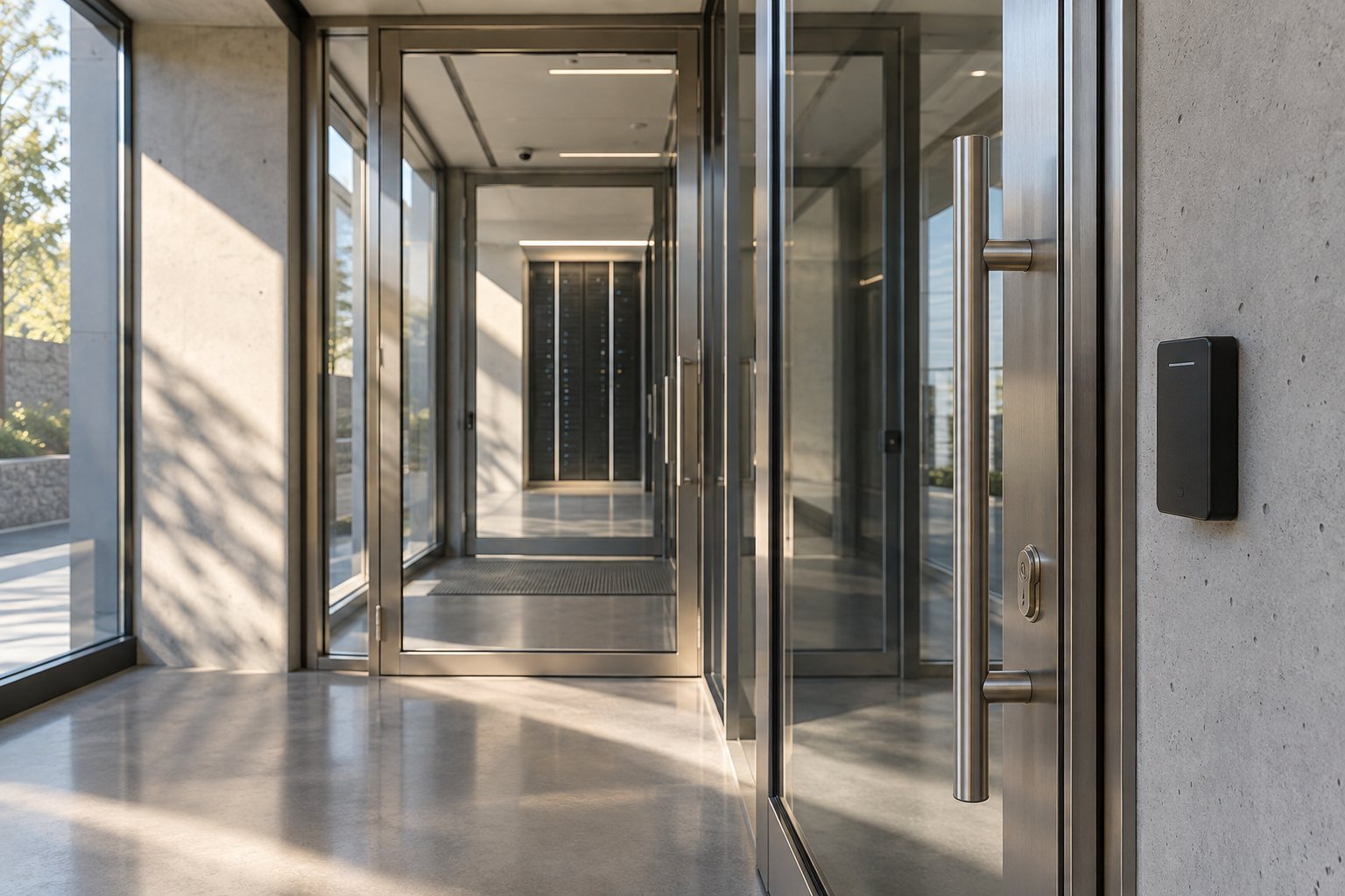 Glass entry vestibule with brushed metal hardware and a card reader